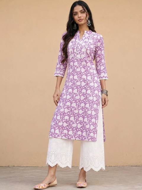 fusion by glitchez Women Floral Printed Block Print Kurta