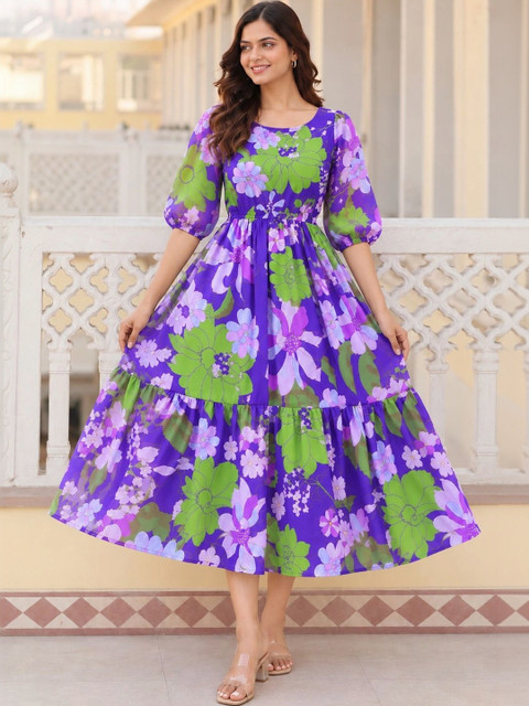 Umoly Floral Print Puff Sleeve Georgette A-Line Midi Dress