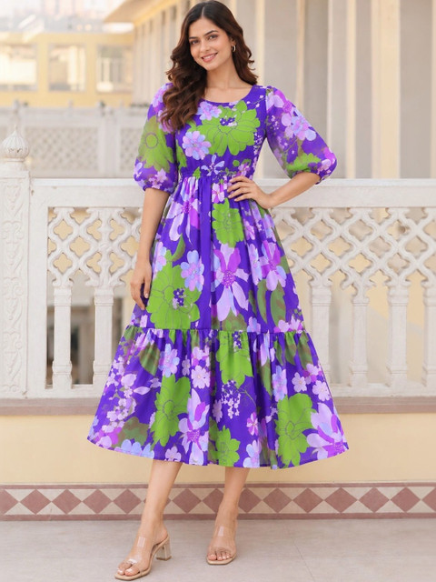 Umoly Floral Print Puff Sleeve Georgette A-Line Midi Dress - Image 3