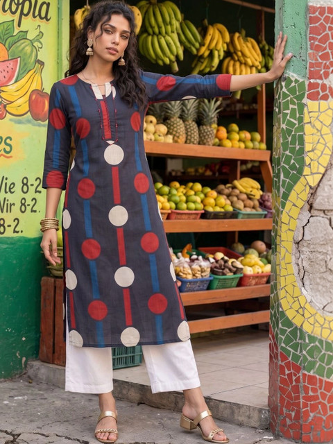 fusion by glitchez Women Geometric Printed Keyhole Neck Kurta - Image 4