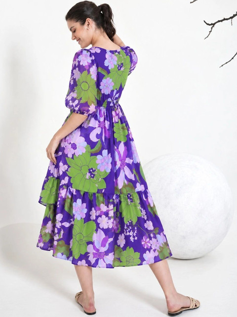 Umoly Floral Print Puff Sleeve Georgette A-Line Midi Dress - Image 7