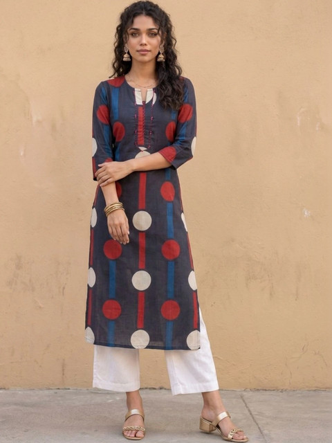 fusion by glitchez Women Geometric Printed Keyhole Neck Kurta
