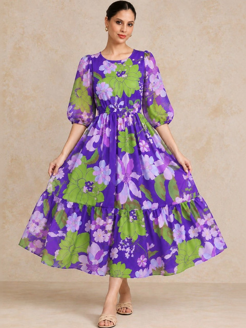 Moda Rapido Floral Print Puff Sleeve Georgette A-Line Midi Dress