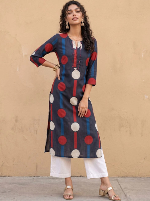 fusion by glitchez Women Geometric Printed Keyhole Neck Kurta - Image 3