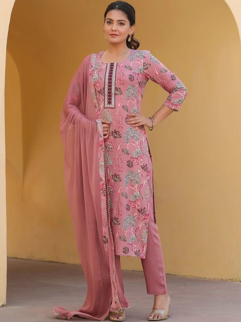 StyleScope Women Floral Printed Regular Thread Work Kurta With Trousers & With Dupatta - Image 4