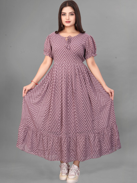 QENA Print Puff Sleeve Georgette A-Line Maxi Dress