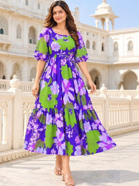 Umoly Floral Print Puff Sleeve Georgette A-Line Midi Dress - Image 3