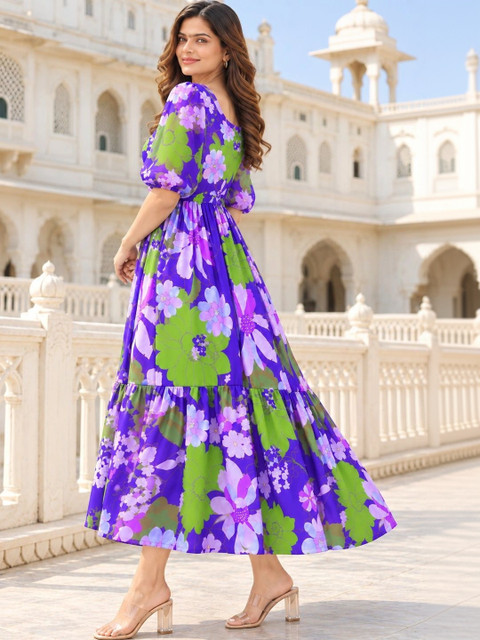 Umoly Floral Print Puff Sleeve Georgette A-Line Midi Dress - Image 2