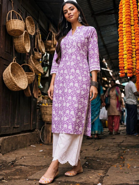 fusion by glitchez Women Floral Printed Block Print Kurta - Image 4