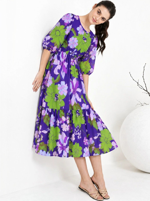Umoly Floral Print Puff Sleeve Georgette A-Line Midi Dress - Image 3