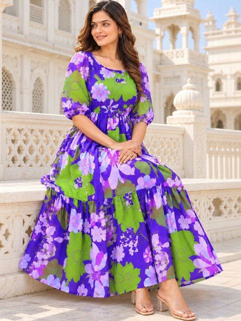 Umoly Floral Print Puff Sleeve Georgette A-Line Midi Dress - Image 4