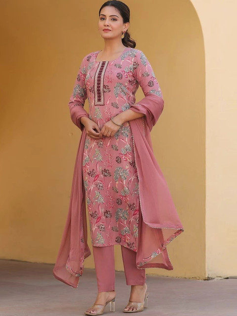StyleScope Women Floral Printed Regular Thread Work Kurta With Trousers & With Dupatta - Image 6