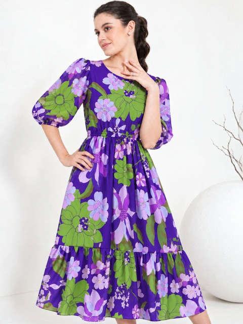 Umoly Floral Print Puff Sleeve Georgette A-Line Midi Dress - Image 6