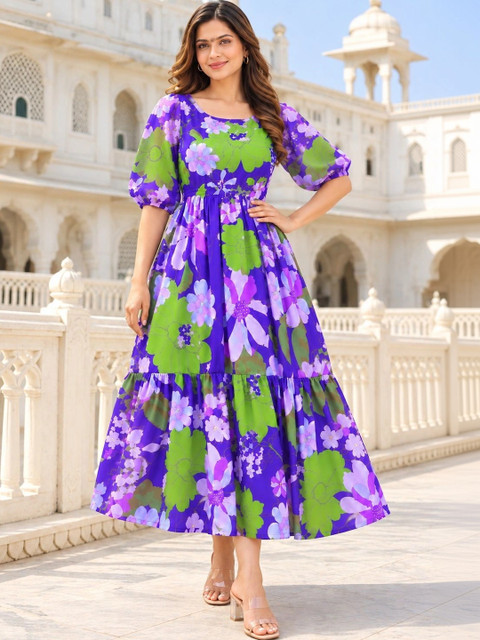 Umoly Floral Print Puff Sleeve Georgette A-Line Midi Dress