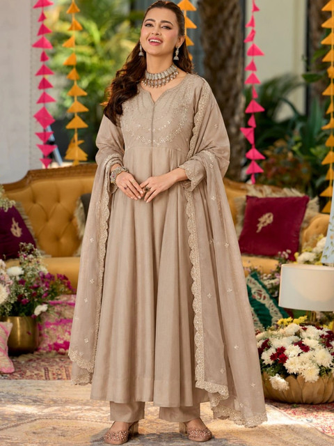 MOKOSH Women Silk Embroidered Anarkali Kurta And Pant Set With Dupatta