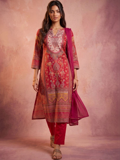 KINDA DESI Women Ethnic Motifs Printed Regular Chanderi Silk Kurta with Trousers & With Dupatta