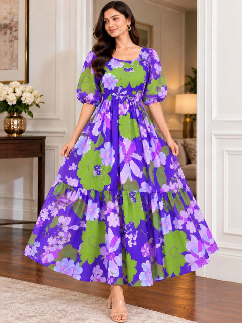 Moda Rapido Floral Print Puff Sleeve Georgette Maxi Dress - Image 5