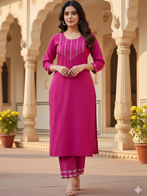 Auzanoor Collection Women Ethnic Motifs Embroidered Regular Thread Work Pure Wool Kurta with Trousers