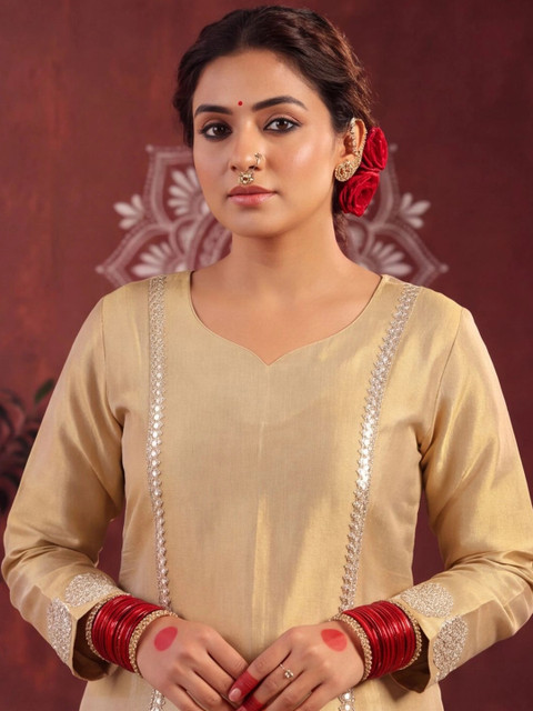 SOURAGYA Women Dyed Regular Gotta Patti Kurta with Trousers - Image 6