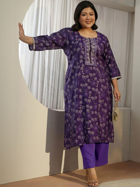 EXTRA LOVE BY LIBAS Women Floral Printed Regular Thread Work Kurta with Palazzos