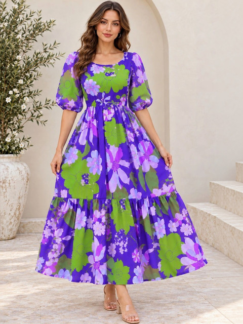 Umoly Floral Print Puff Sleeve Georgette A-Line Maxi Dress
