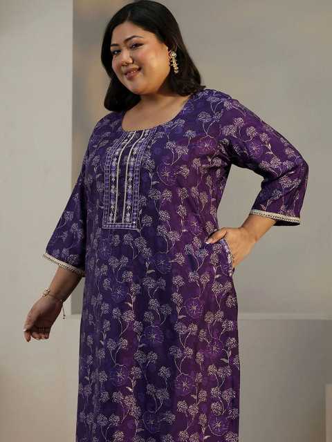 EXTRA LOVE BY LIBAS Women Floral Printed Regular Thread Work Kurta with Palazzos - Image 4