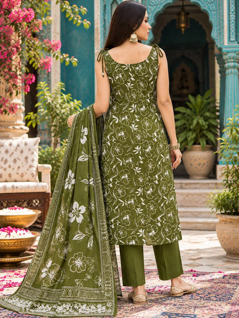 SINGNI Women Floral Printed Regular Pure Cotton Kurta with Trousers & With Dupatta - Image 2