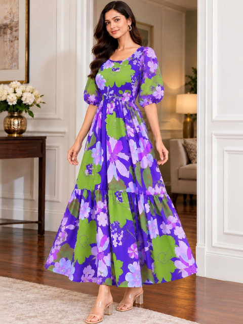 Moda Rapido Floral Print Puff Sleeve Georgette Maxi Dress - Image 2
