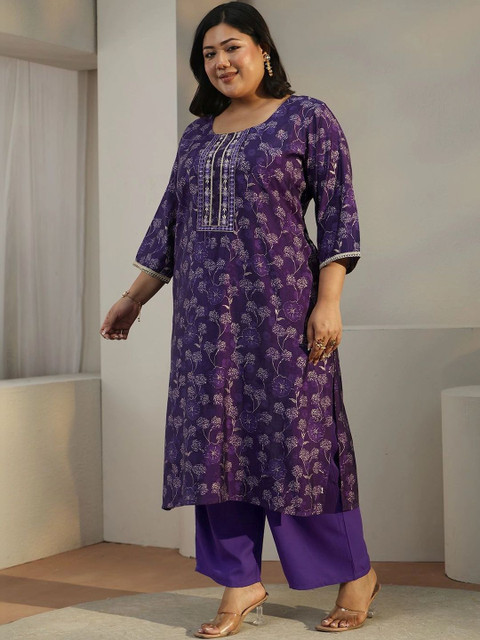 EXTRA LOVE BY LIBAS Women Floral Printed Regular Thread Work Kurta with Palazzos - Image 3
