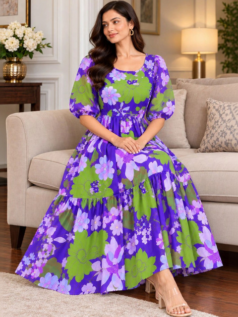 Moda Rapido Floral Print Puff Sleeve Georgette Maxi Dress - Image 3