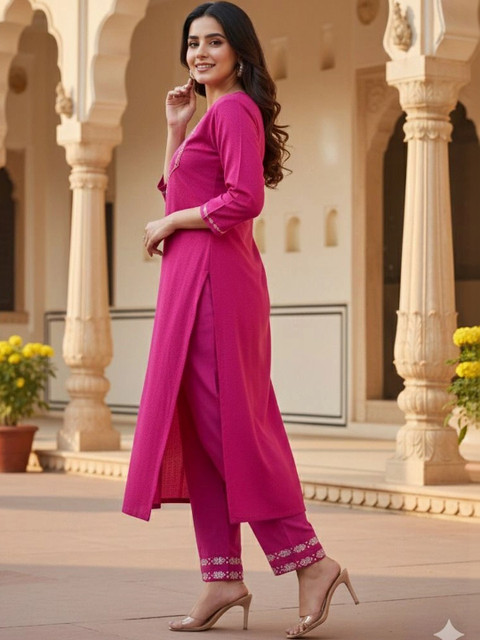 Auzanoor Collection Women Ethnic Motifs Embroidered Regular Thread Work Pure Wool Kurta with Trousers - Image 3