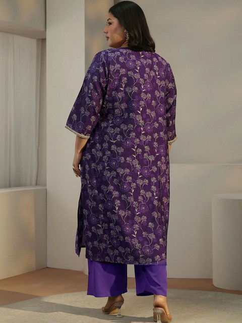 EXTRA LOVE BY LIBAS Women Floral Printed Regular Thread Work Kurta with Palazzos - Image 6