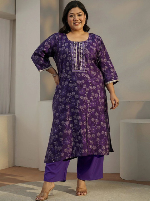 EXTRA LOVE BY LIBAS Women Floral Printed Regular Thread Work Kurta with Palazzos - Image 5
