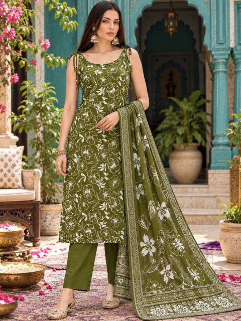 SINGNI Women Floral Printed Regular Pure Cotton Kurta with Trousers & With Dupatta