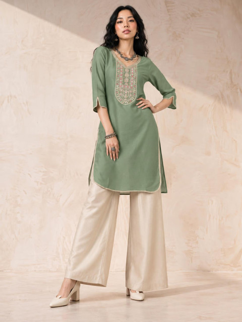 fusion by glitchez V-Neck Floral Zari Embroidered Straight Kurta - Image 5