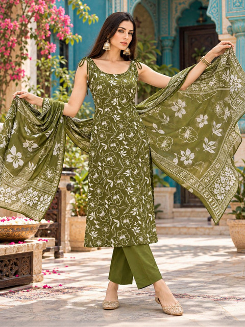 SINGNI Women Floral Printed Regular Pure Cotton Kurta with Trousers & With Dupatta - Image 3