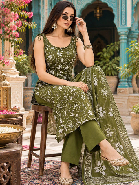 SINGNI Women Floral Printed Regular Pure Cotton Kurta with Trousers & With Dupatta - Image 4