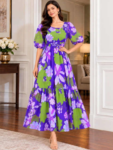 Moda Rapido Floral Print Puff Sleeve Georgette Maxi Dress - Image 7