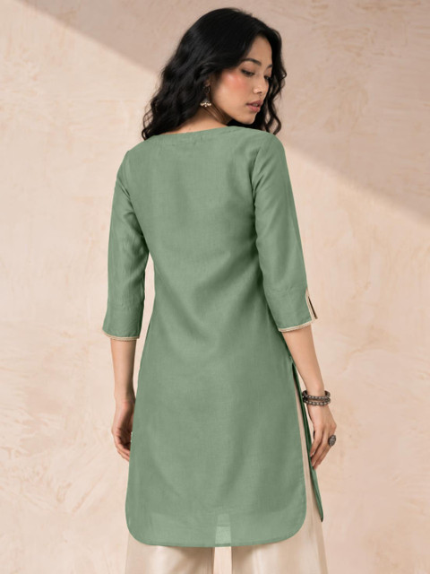 fusion by glitchez V-Neck Floral Zari Embroidered Straight Kurta - Image 2