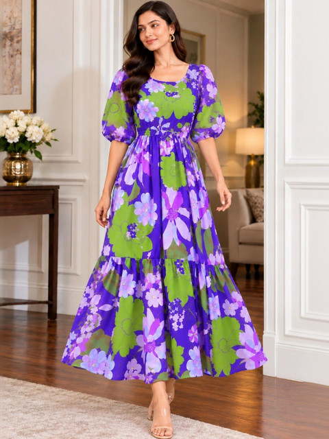 Moda Rapido Floral Print Puff Sleeve Georgette Maxi Dress