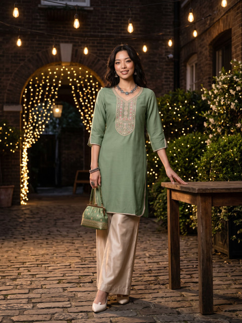 fusion by glitchez V-Neck Floral Zari Embroidered Straight Kurta - Image 6