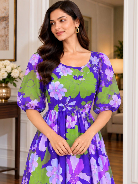 Moda Rapido Floral Print Puff Sleeve Georgette Maxi Dress - Image 4