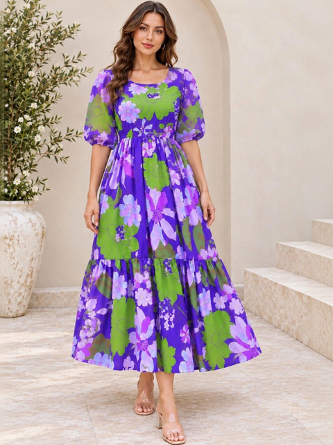 HERE&NOW Floral Print Puff Sleeve Georgette Maxi Dress