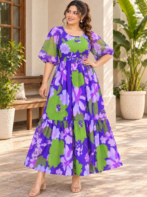 Umoly Floral Print Puff Sleeve Georgette Maxi Dress