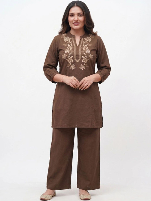 IKLO Cotton Solid Three-Quarter Sleeves Top with Trousers