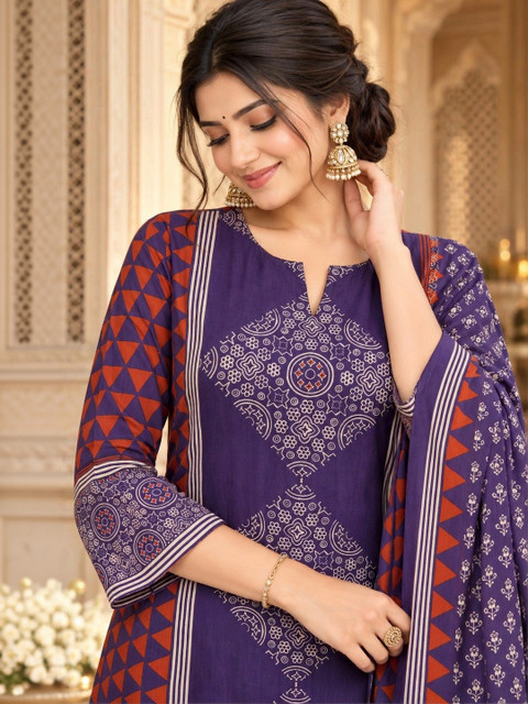 Namastika Women Printed Regular Pure Cotton Kurta with Trousers & With Dupatta - Image 2