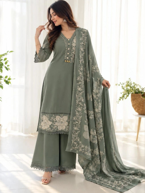 FABZARI Women Floral Embroidered Regular Thread Work Pure Cotton Kurta with Palazzos & With Dupatta - Image 4