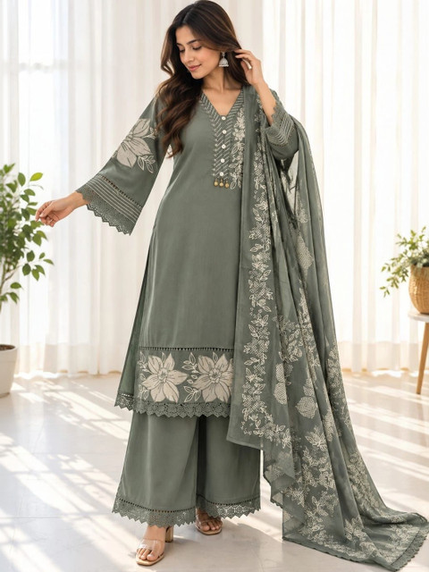 FABZARI Women Floral Embroidered Regular Thread Work Pure Cotton Kurta with Palazzos & With Dupatta