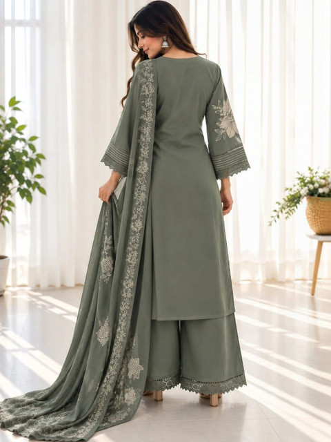FABZARI Women Floral Embroidered Regular Thread Work Pure Cotton Kurta with Palazzos & With Dupatta - Image 3