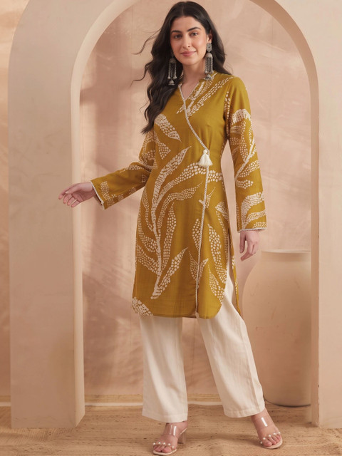 Anouk Women Leaf Printed Viscose V-Neck Straight Kurta